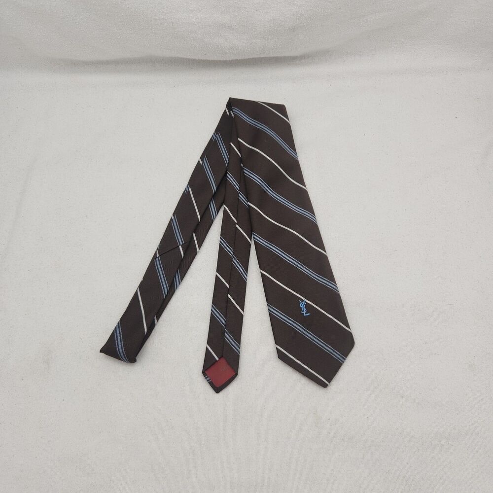 Tie Yves Saint Laurent YSL Neckwear Brown Rep Blue & White Stripes New York VTG